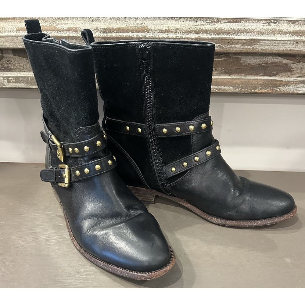 Coach Leather Ankle Moto Boots Lilliana Size 6.5 Gold Stud, Buckle Women's Shoes